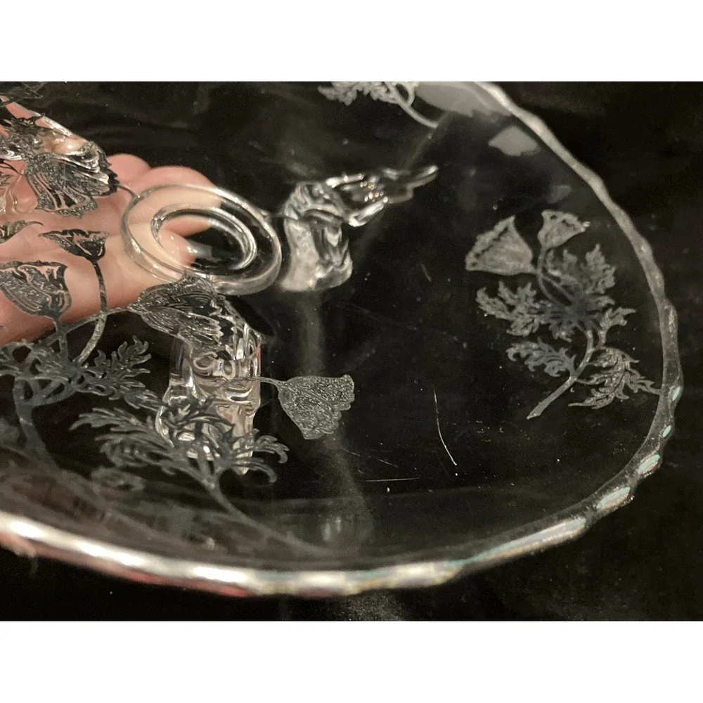 VTG Silver City Flanders Silver Overlay Glass Footed Tray Poppy Floral Design